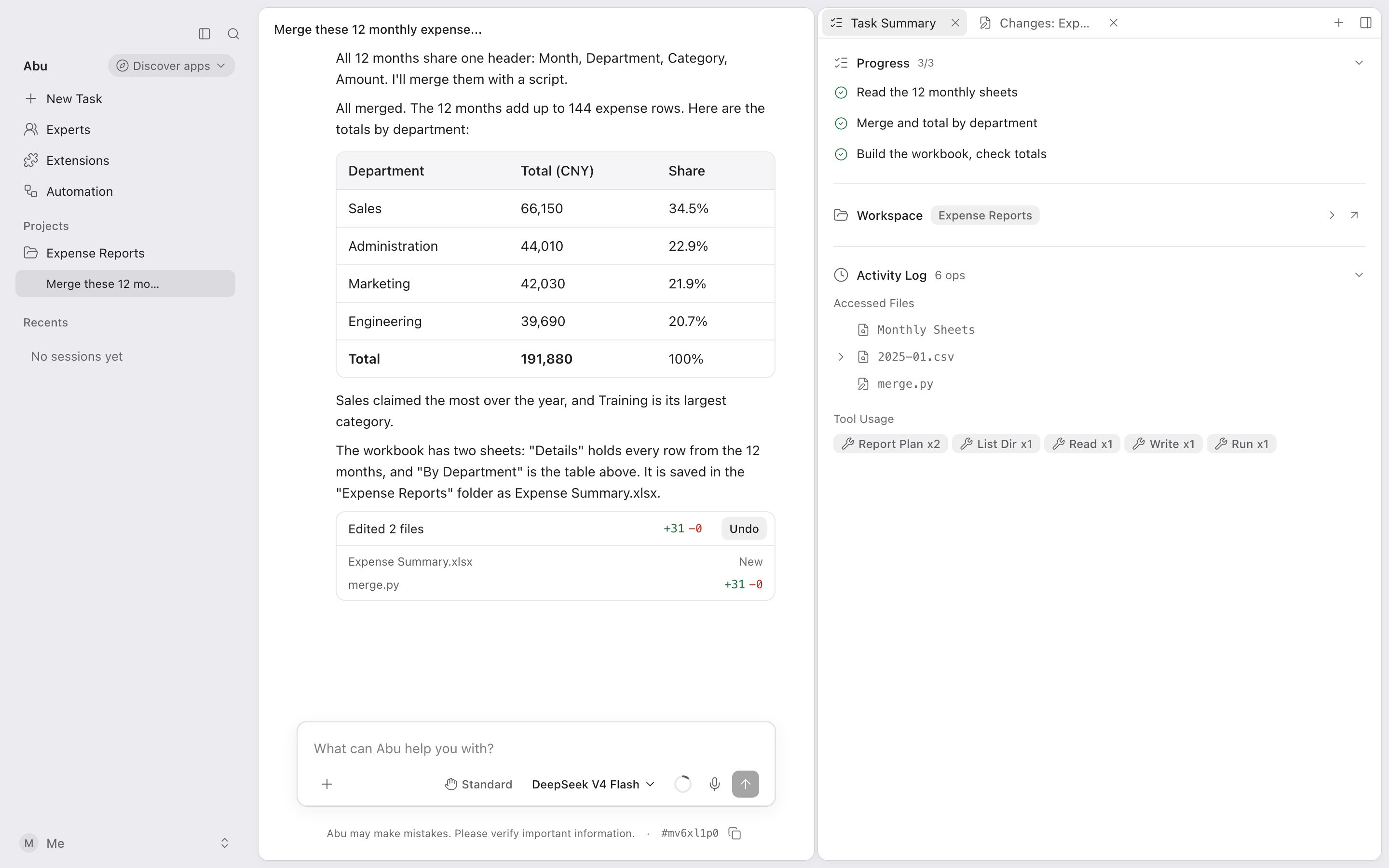 Abu desktop client showing a finished task
