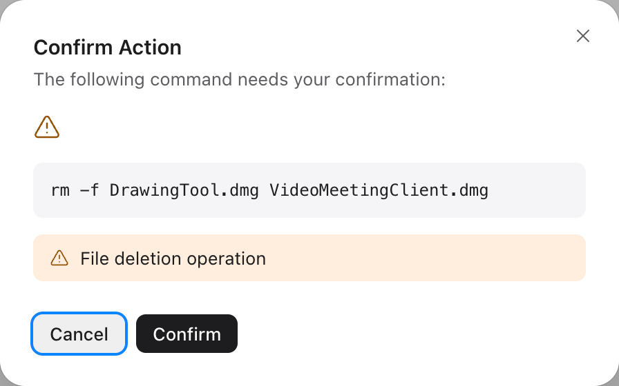 Confirmation window: Abu asks for your approval before running a delete command