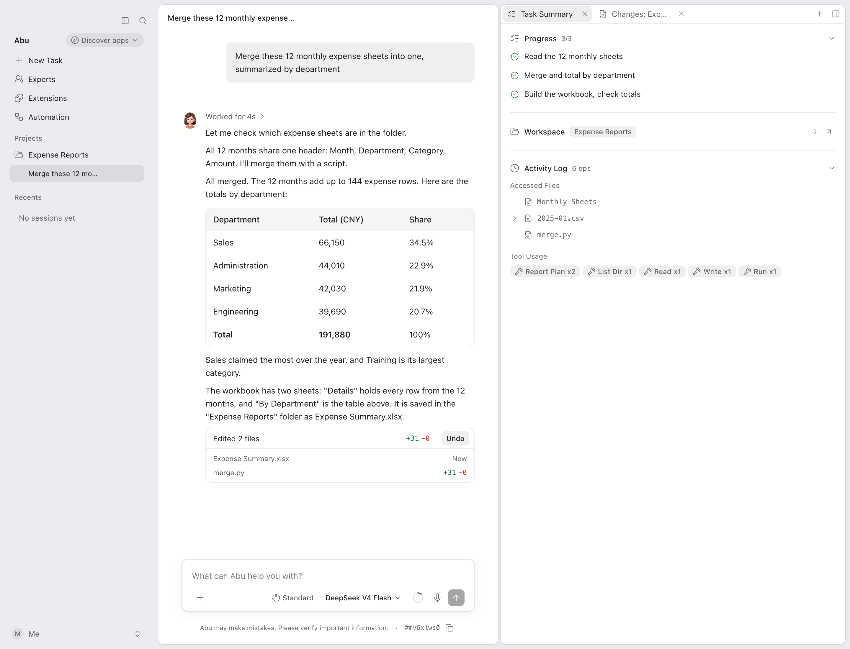 Abu desktop app showing a finished task: the task list on the left, the user's request, the result table and the generated file in the middle, the task summary on the right