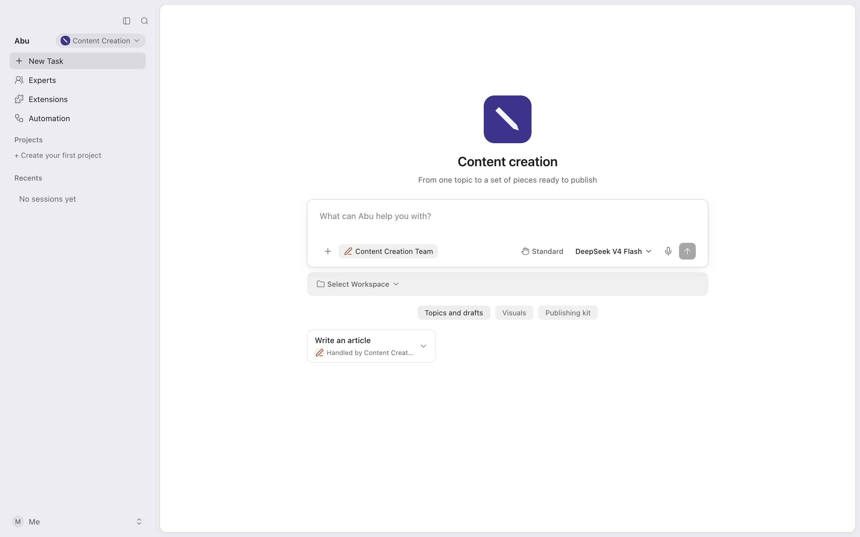 The home page of the Content creation app