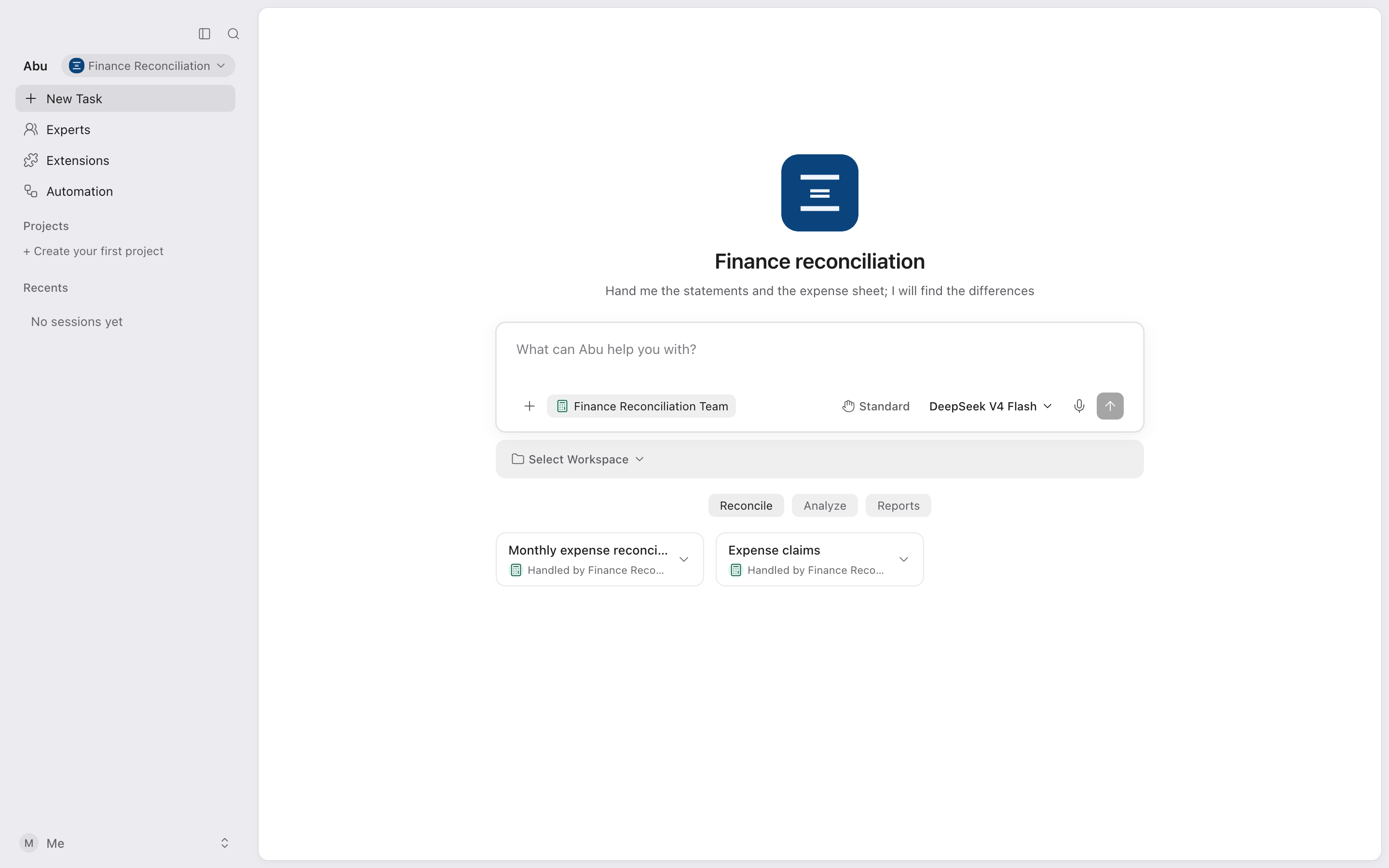 The home page of the Finance reconciliation app