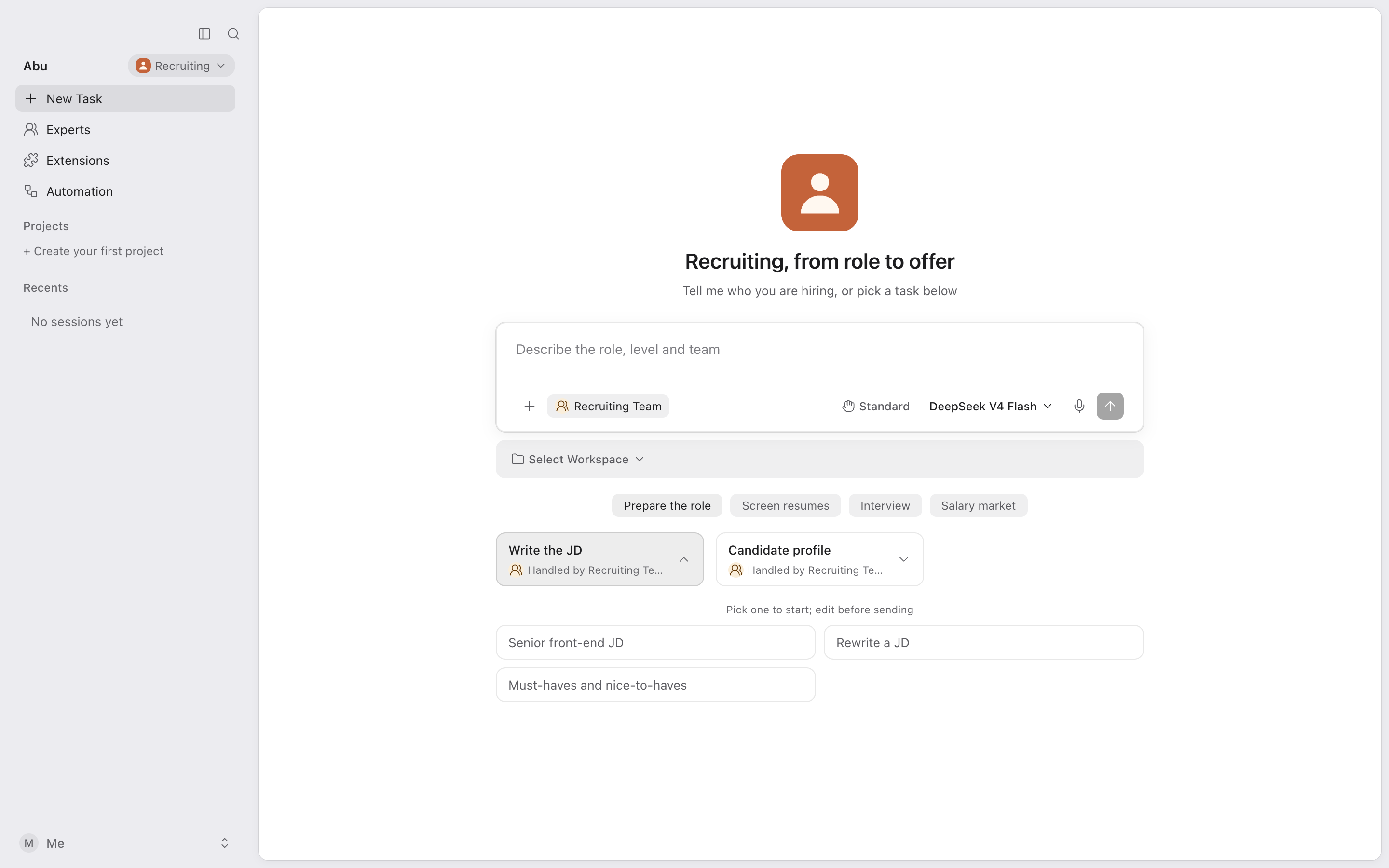 The home page of the Recruiting app: its name and one line at the top, groups of scenes below, three example prompts in the open scene, and the app's navigation on the left