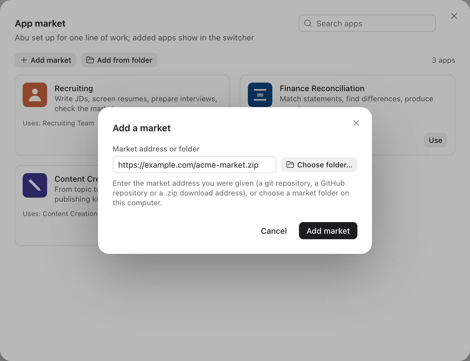 The Add market window in the app market, with a market address in the address field