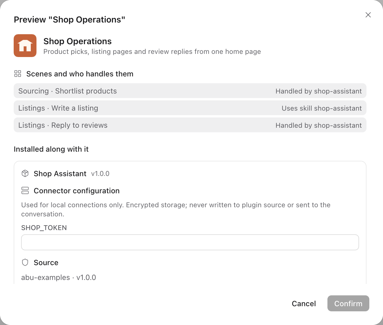 The confirmation page after adding the sample app Shop operations from a folder: who handles each of its three scenes, the plugin installed along with it and the connector setting to fill in
