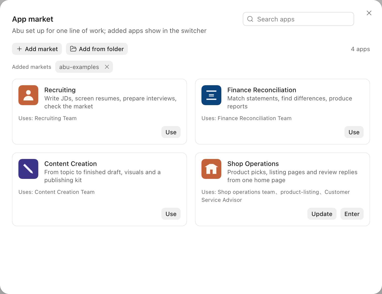 The app market with Update shown beside the sample app Shop operations