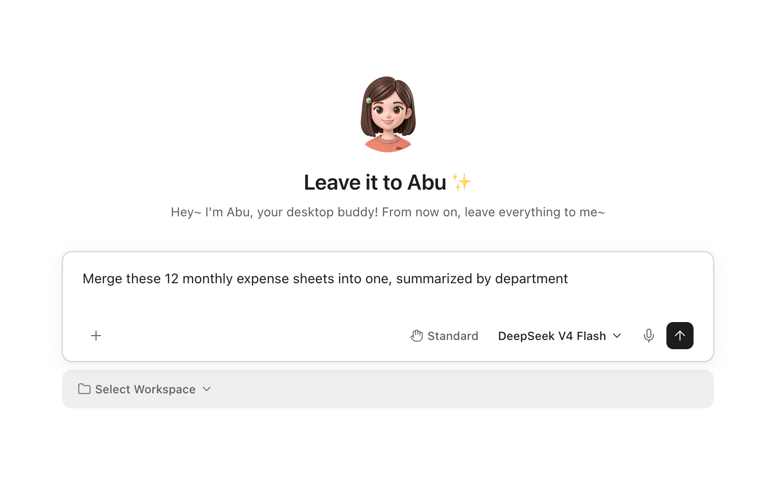 Abu's new-task page: the input box holds one sentence asking to merge 12 months of expense sheets into one, totalled by department