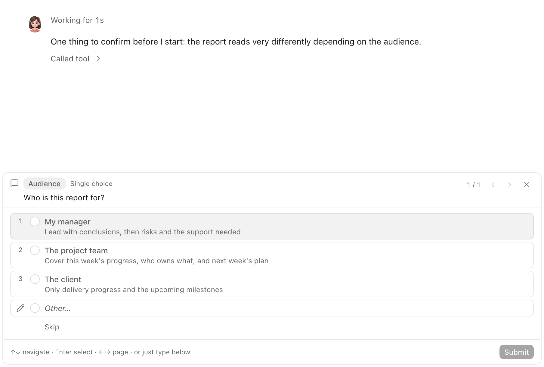 Question card asking who the weekly report is for, with three options: direct manager, project team, client