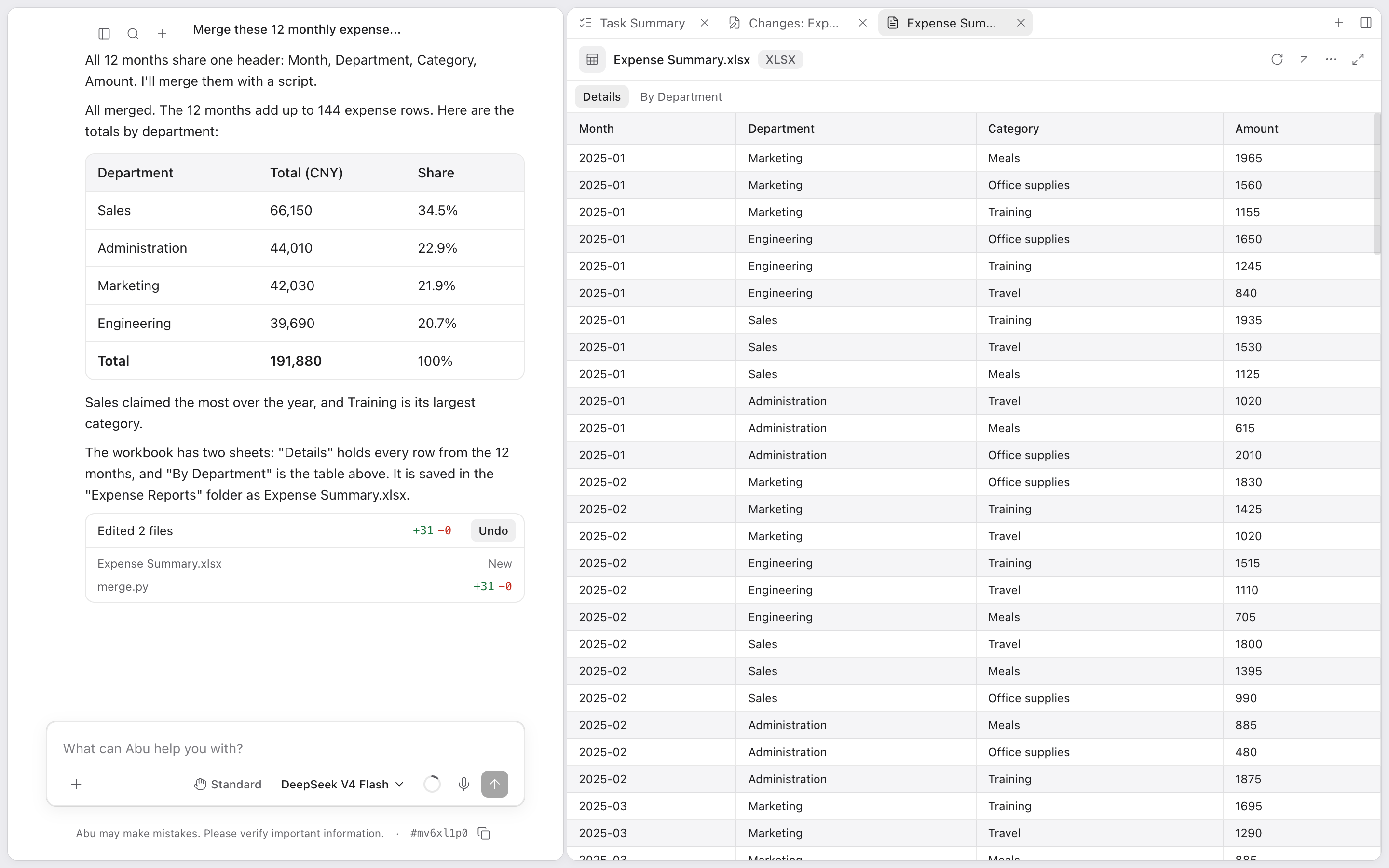 Abu's whole window: the result table and the file card for the expense summary in the conversation on the left, the spreadsheet open in a preview on the right